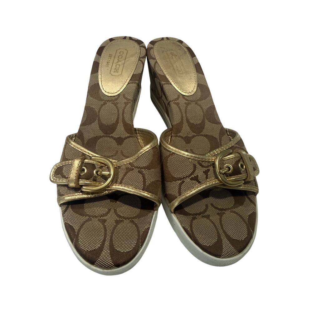 Coach Perry Signature Monogram Wedge Sandals – Gold & Khaki Canvas - Picture 7 of 10